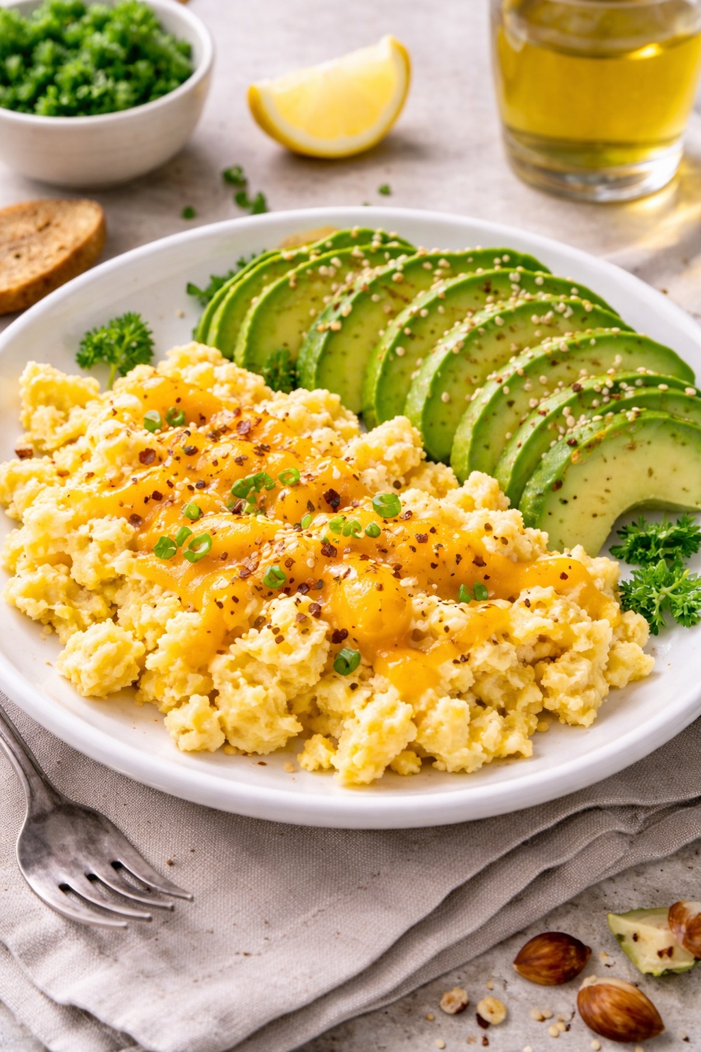 Atkins diet breakfast with scrambled eggs, melted cheese and fresh avocado slices