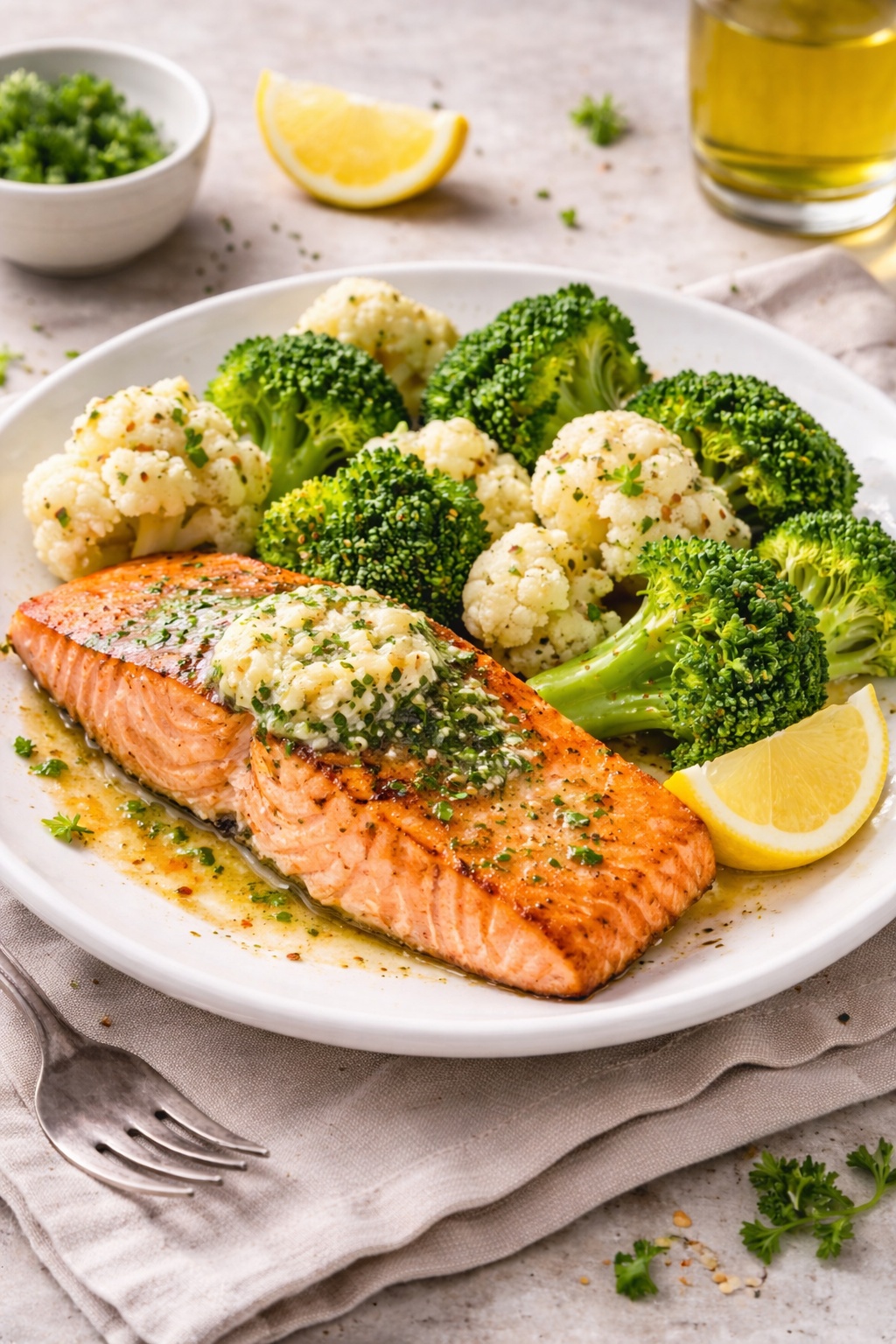 Atkins diet dinner with grilled salmon topped with butter and steamed broccoli