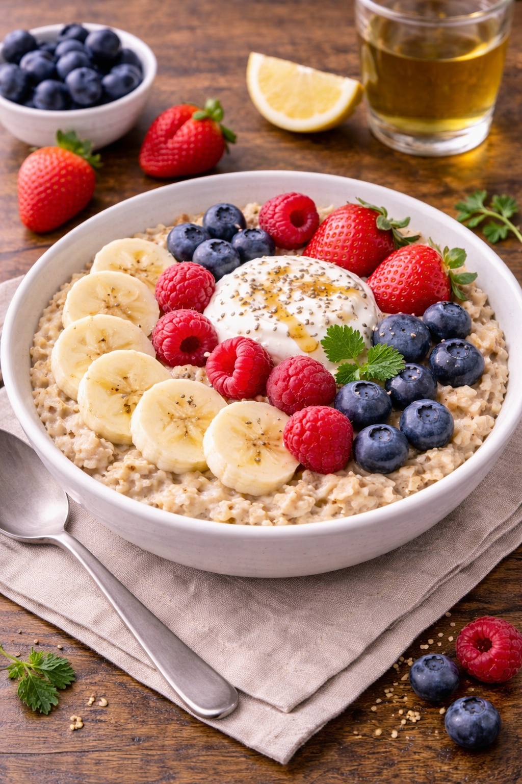 DASH diet breakfast with oatmeal, fresh berries, banana slices and low-fat yogurt