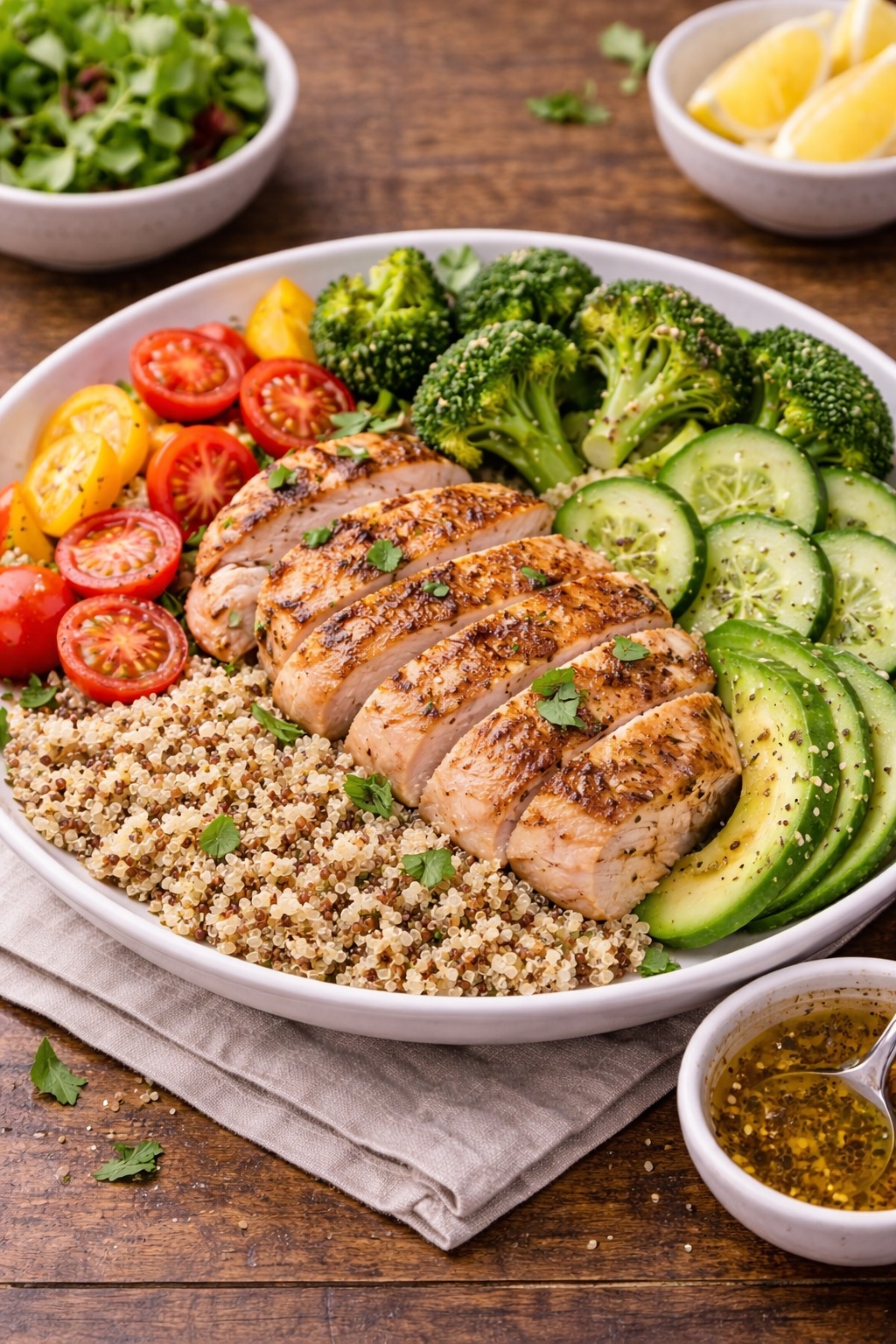 DASH diet lunch grilled chicken salad with olive oil dressing and whole grain bread