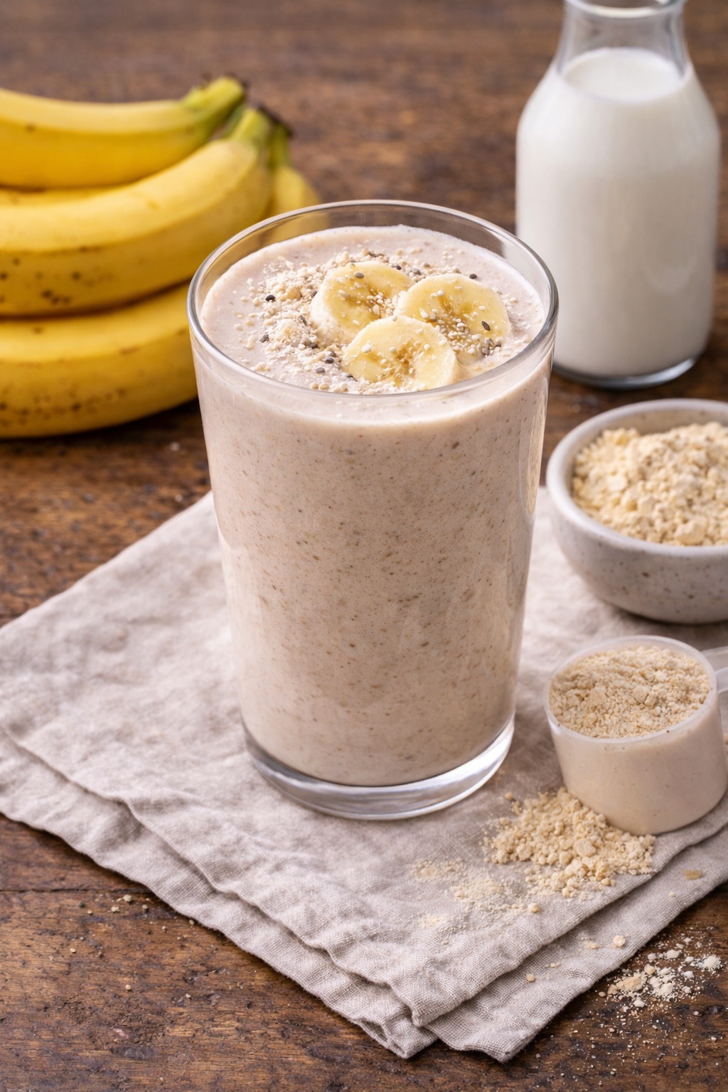 High-protein diet breakfast protein smoothie with banana, milk and protein powder