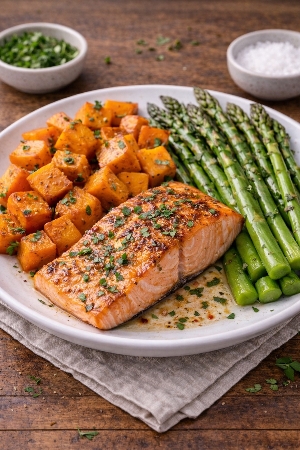 High-protein diet dinner with grilled salmon, roasted sweet potato and fresh asparagus