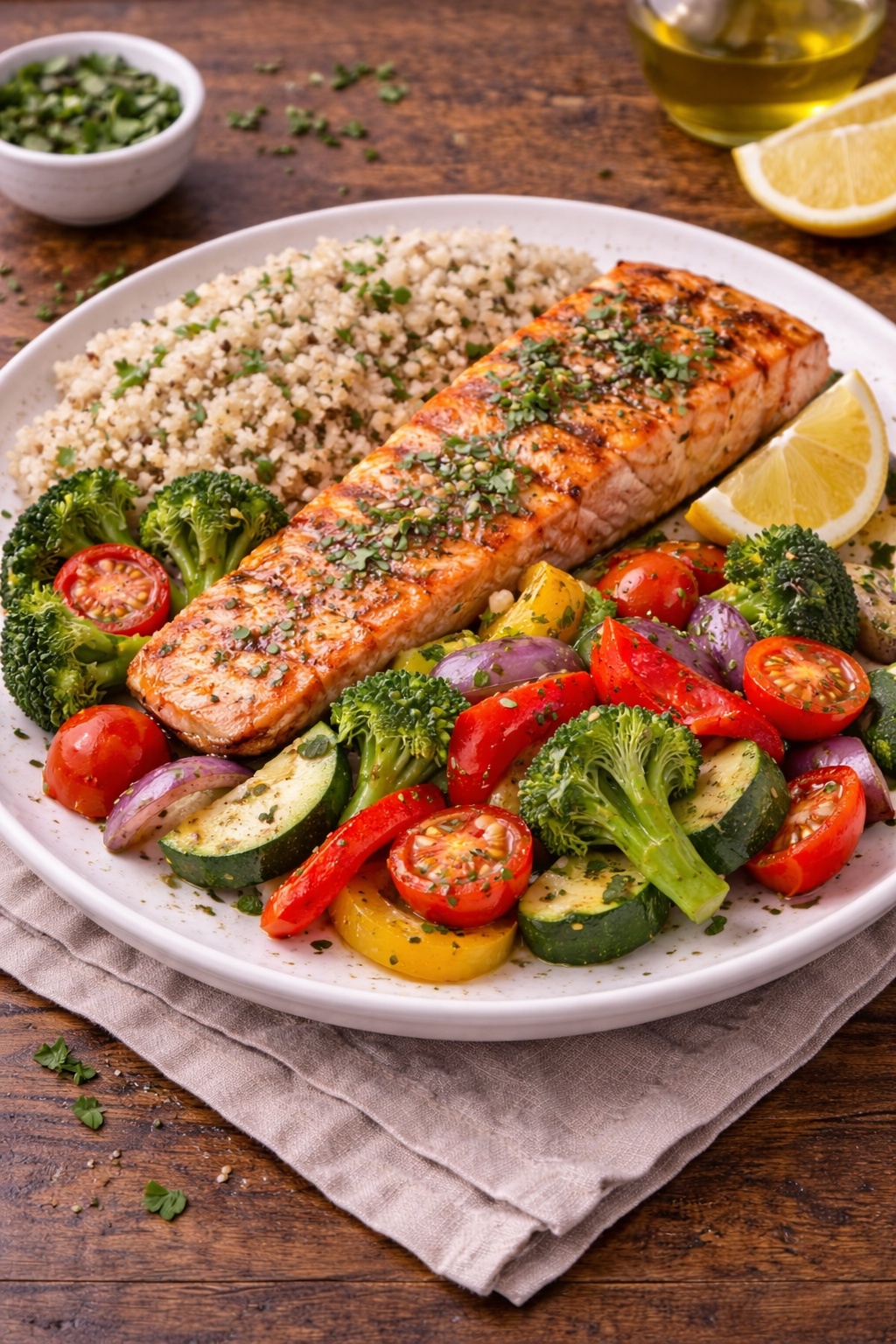 Healthy dinner with grilled salmon, roasted vegetables and brown rice on a plate