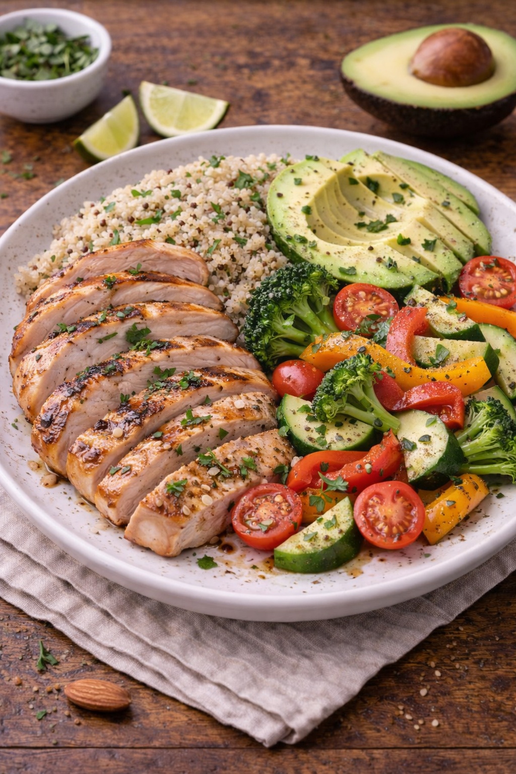 Intermittent fasting first meal grilled chicken bowl with quinoa, avocado and mixed vegetables