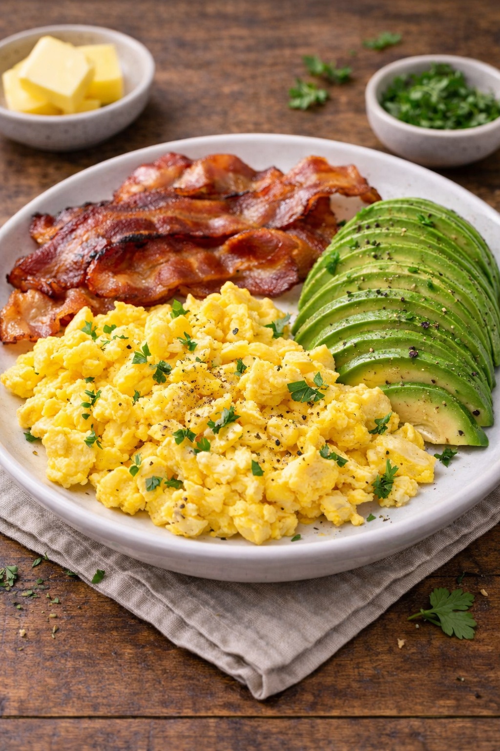 Keto diet breakfast with scrambled eggs cooked in butter, crispy bacon and fresh avocado slices
