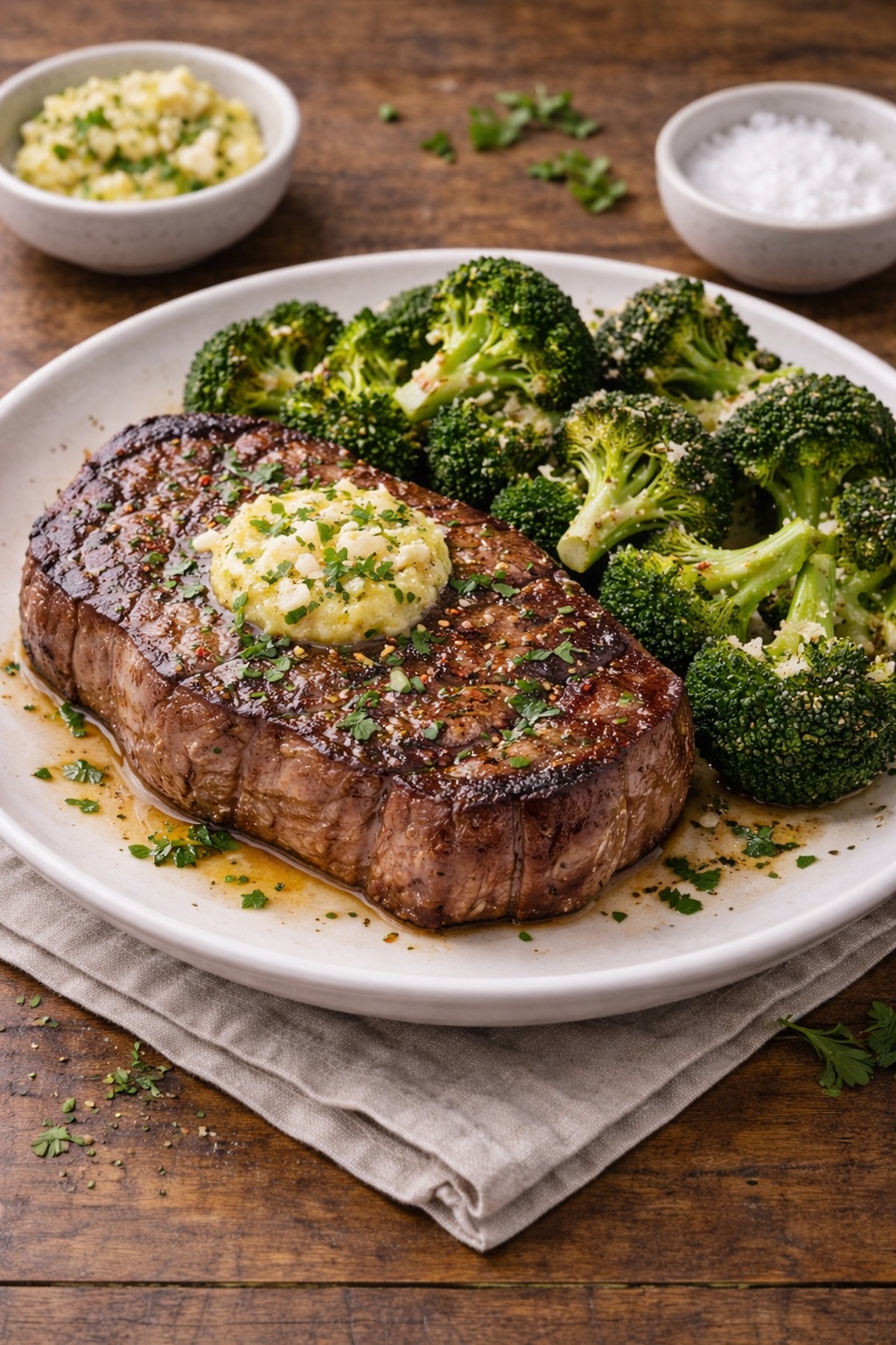 Keto diet dinner with grilled steak topped with garlic butter and roasted broccoli