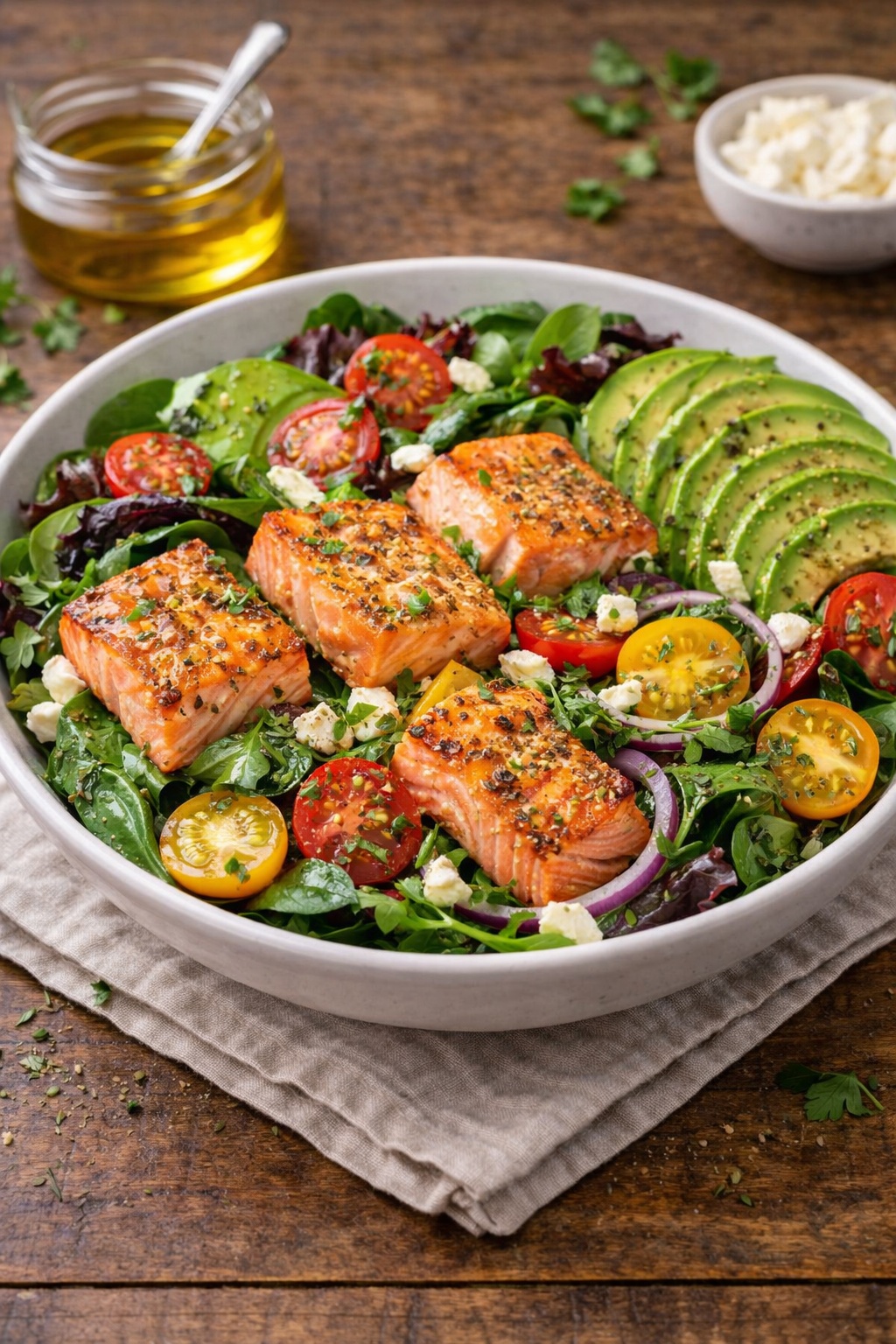 Keto diet lunch salmon salad with olive oil and fresh leafy greens