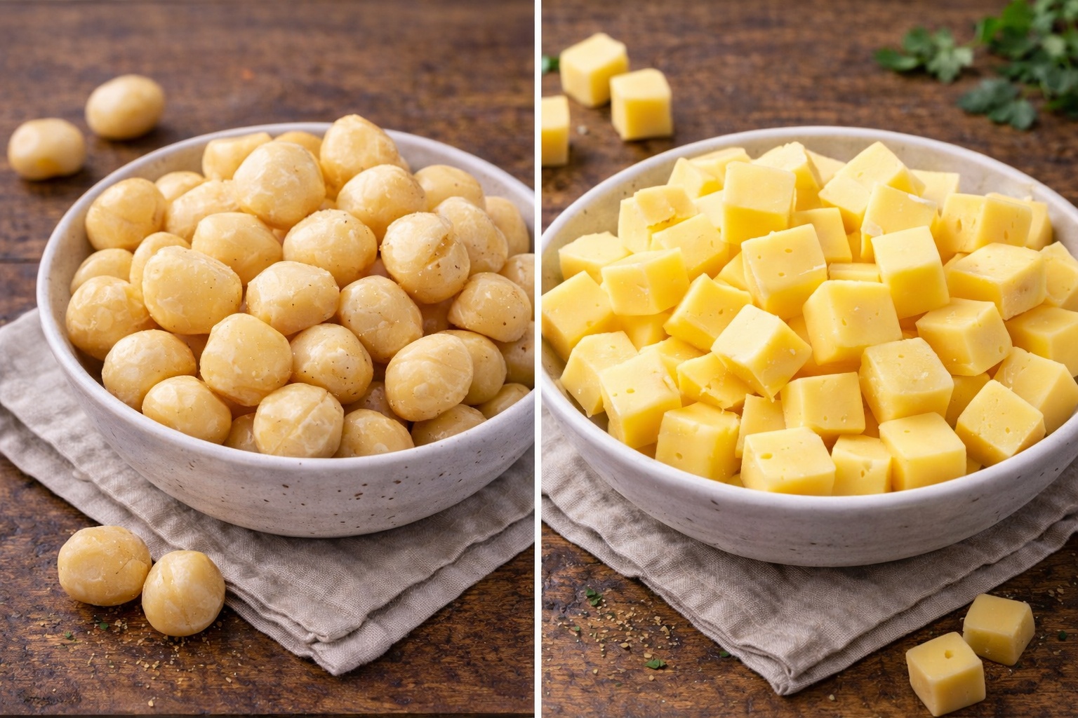 Keto diet snack with macadamia nuts and cheese cubes in bowls