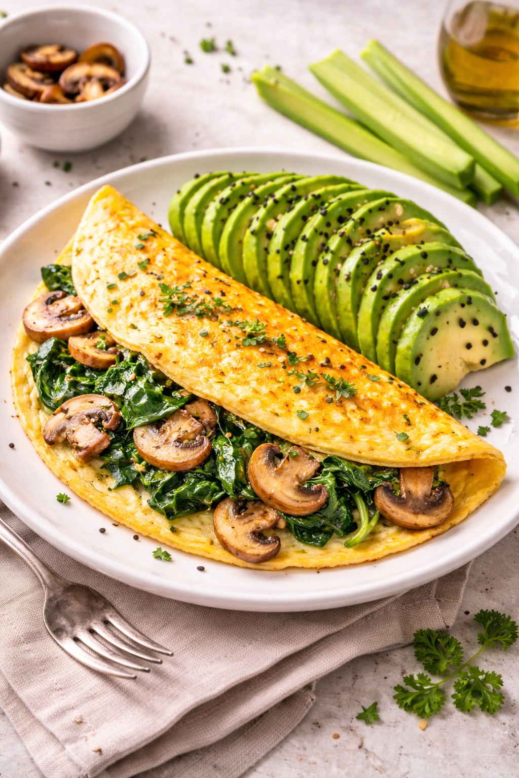 Low carb diet breakfast omelet with spinach, mushrooms and avocado slices
