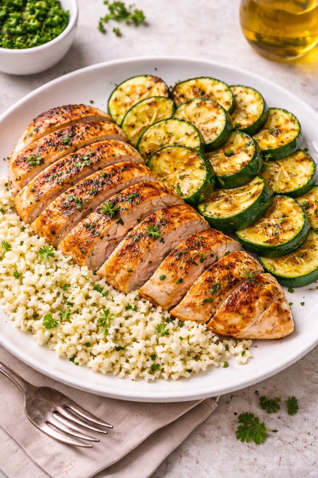 Low carb diet dinner with grilled chicken, roasted zucchini and cauliflower rice on a plate