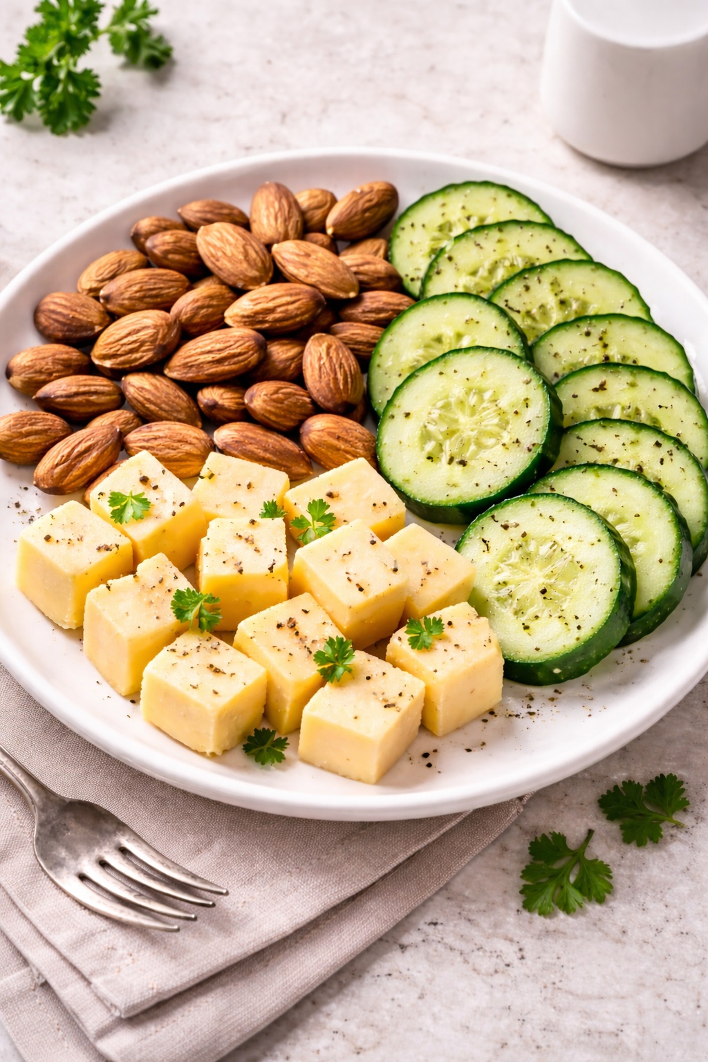 Low carb diet snack with almonds, sliced cucumber and cheese cubes on a plate