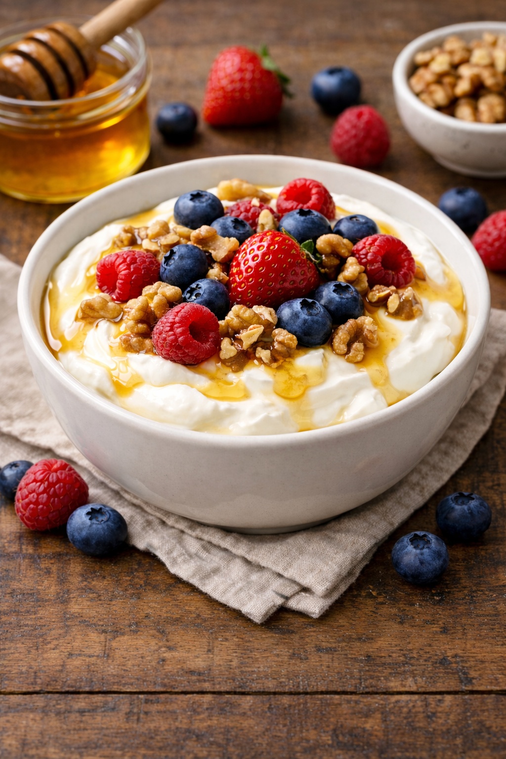 Greek yogurt topped with honey, strawberries, blueberries, raspberries, and walnuts in a white bowl on a wooden table