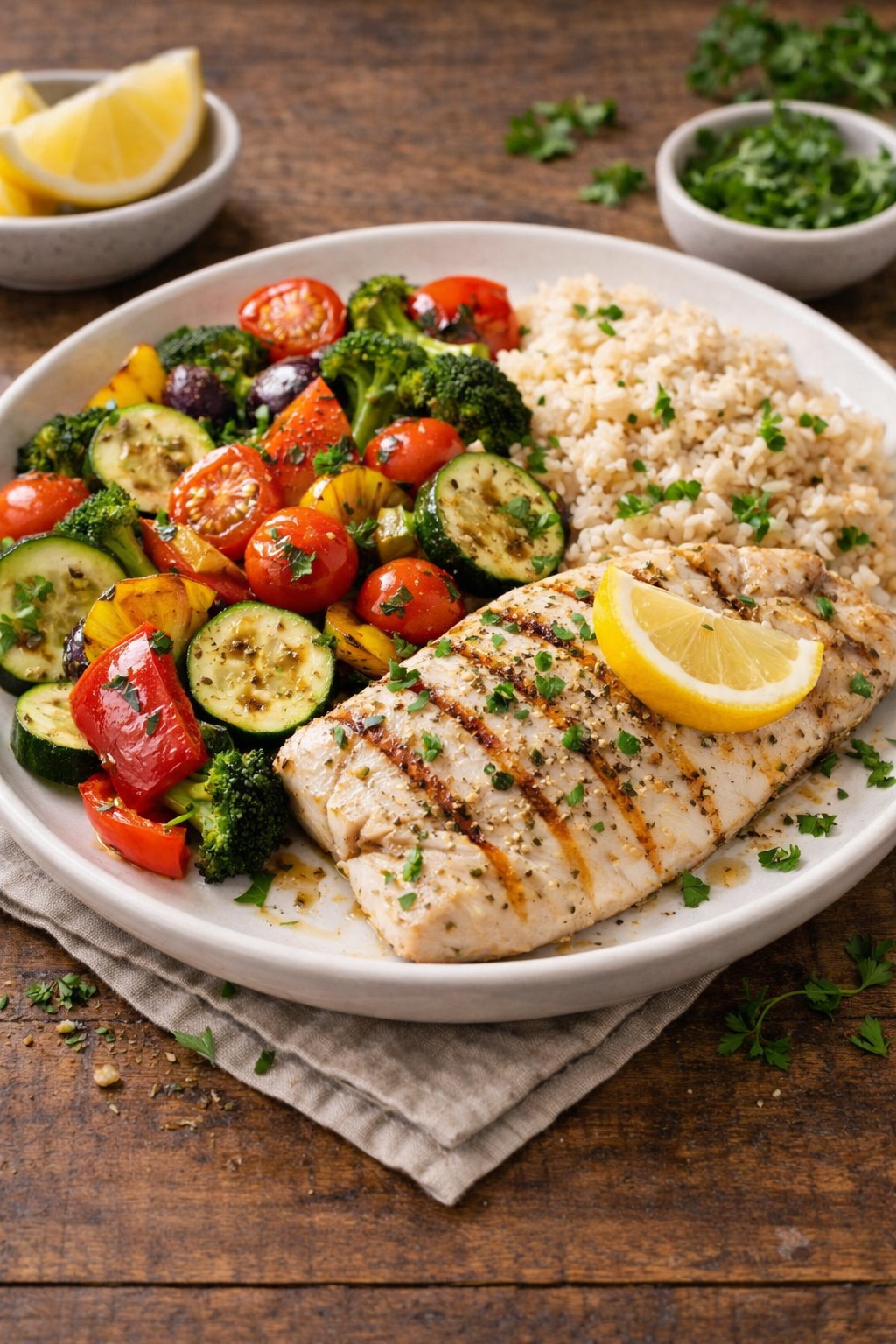 Mediterranean diet dinner with grilled fish, roasted vegetables and brown rice on a plate