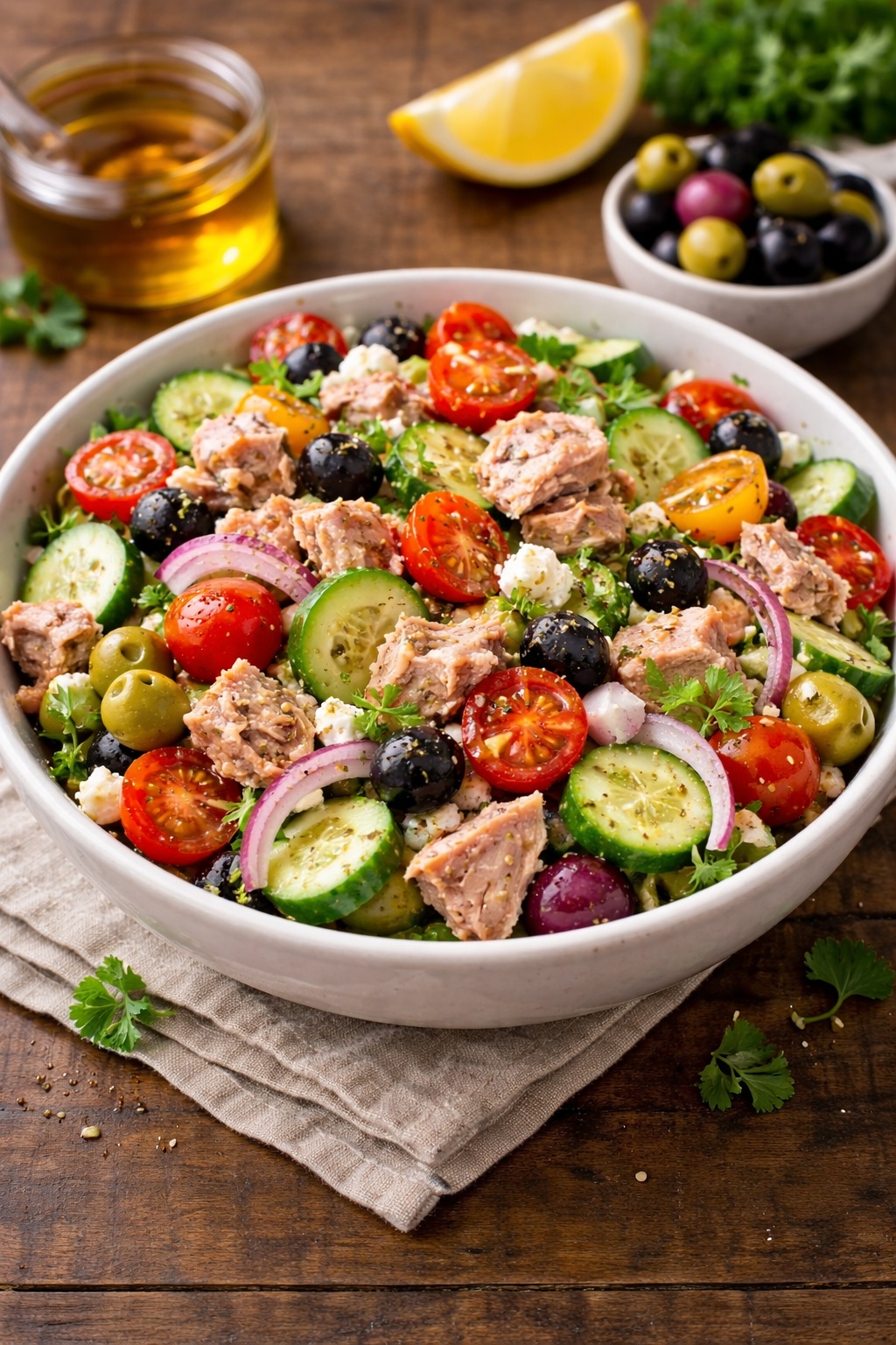 Mediterranean diet lunch tuna salad with olive oil, cherry tomatoes, cucumber and olives