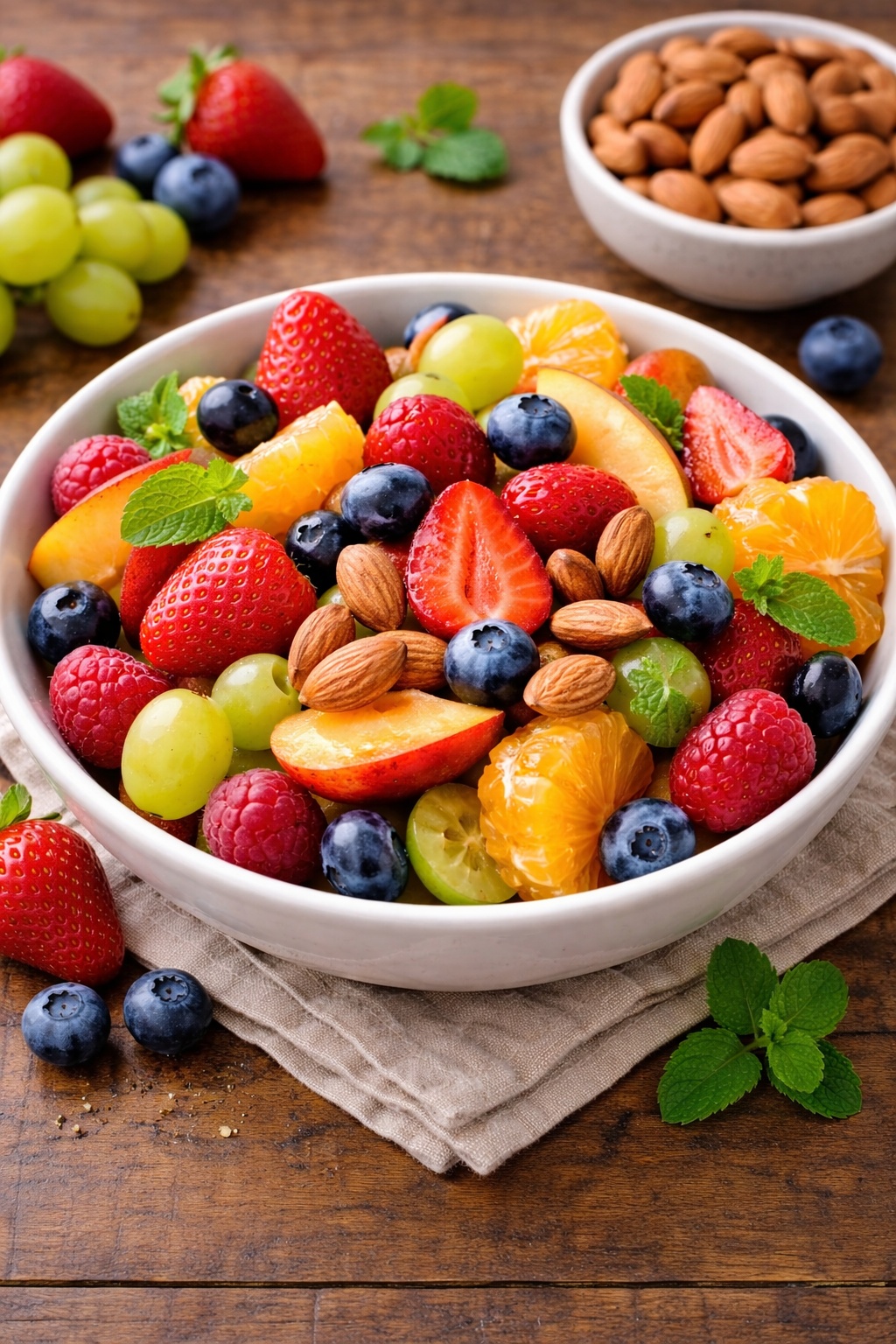 Mediterranean diet snack with fresh fruit and almonds in a bowl