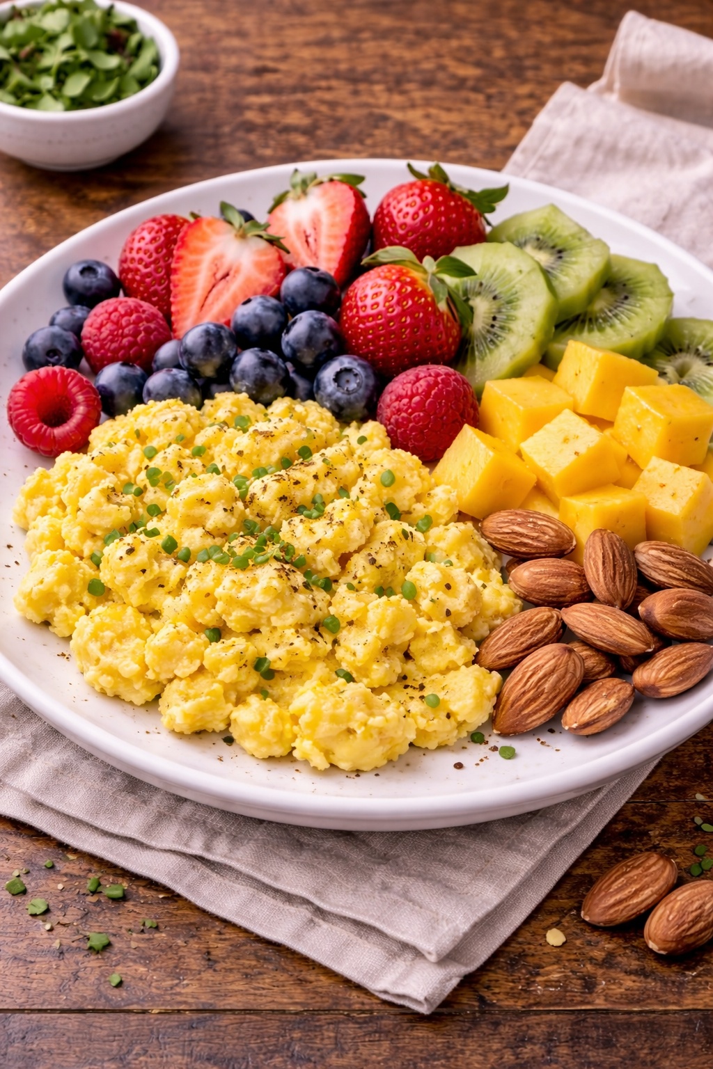 Paleo diet breakfast with scrambled eggs, fresh fruit and almonds on a plate