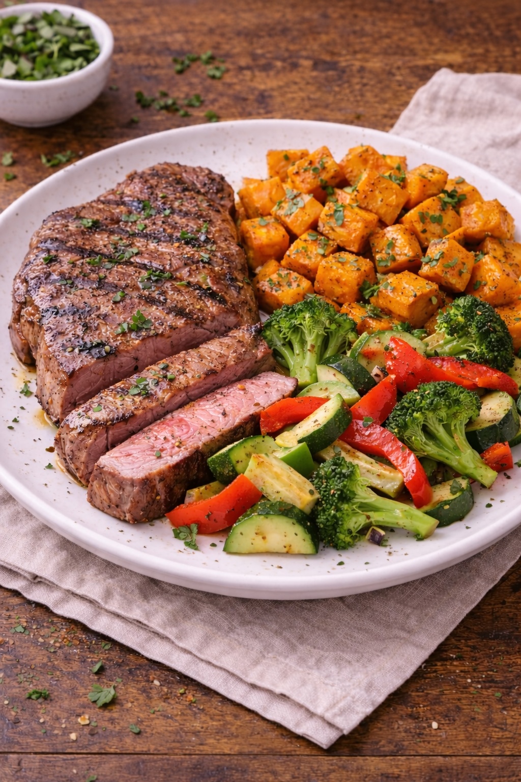 Paleo diet dinner with grilled steak, roasted sweet potatoes and mixed vegetables