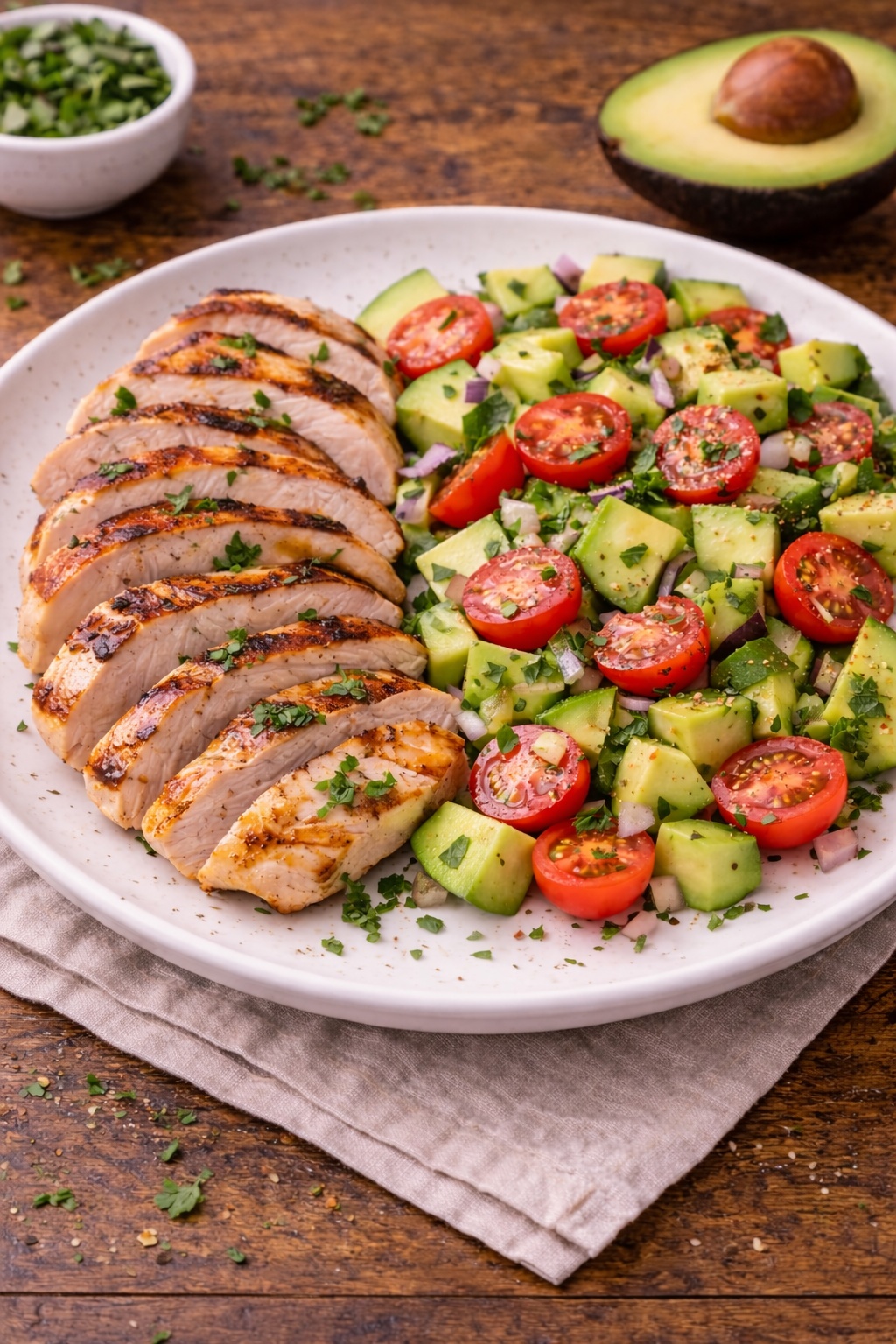 Paleo diet lunch with grilled turkey and fresh avocado salad with tomatoes