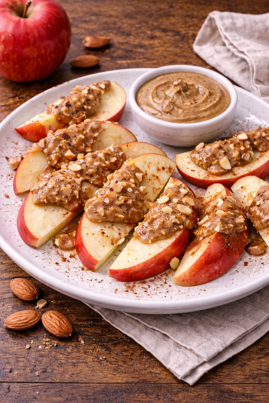 Paleo diet snack with sliced apple and almond butter
