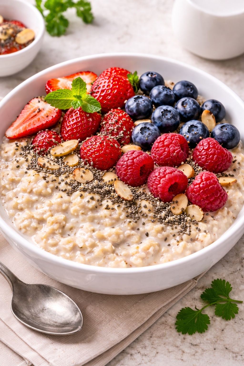 Vegan diet breakfast oatmeal with almond milk, fresh berries and chia seeds