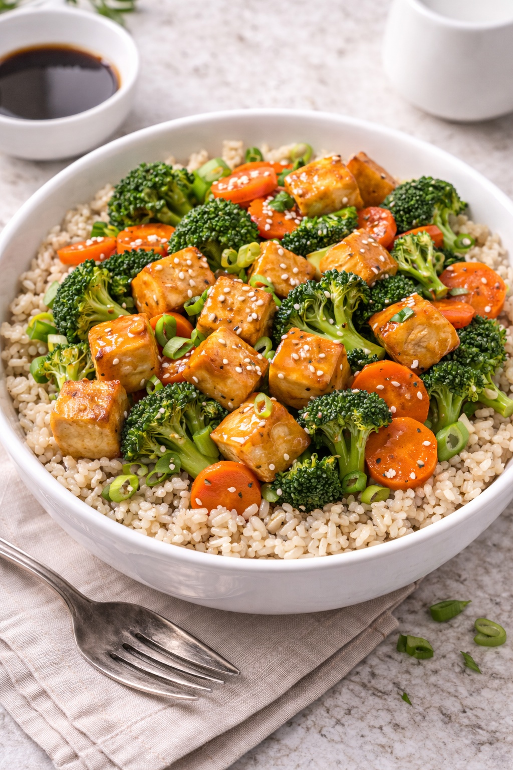 Vegan diet dinner tofu stir fry with broccoli, carrots and brown rice in a bowl