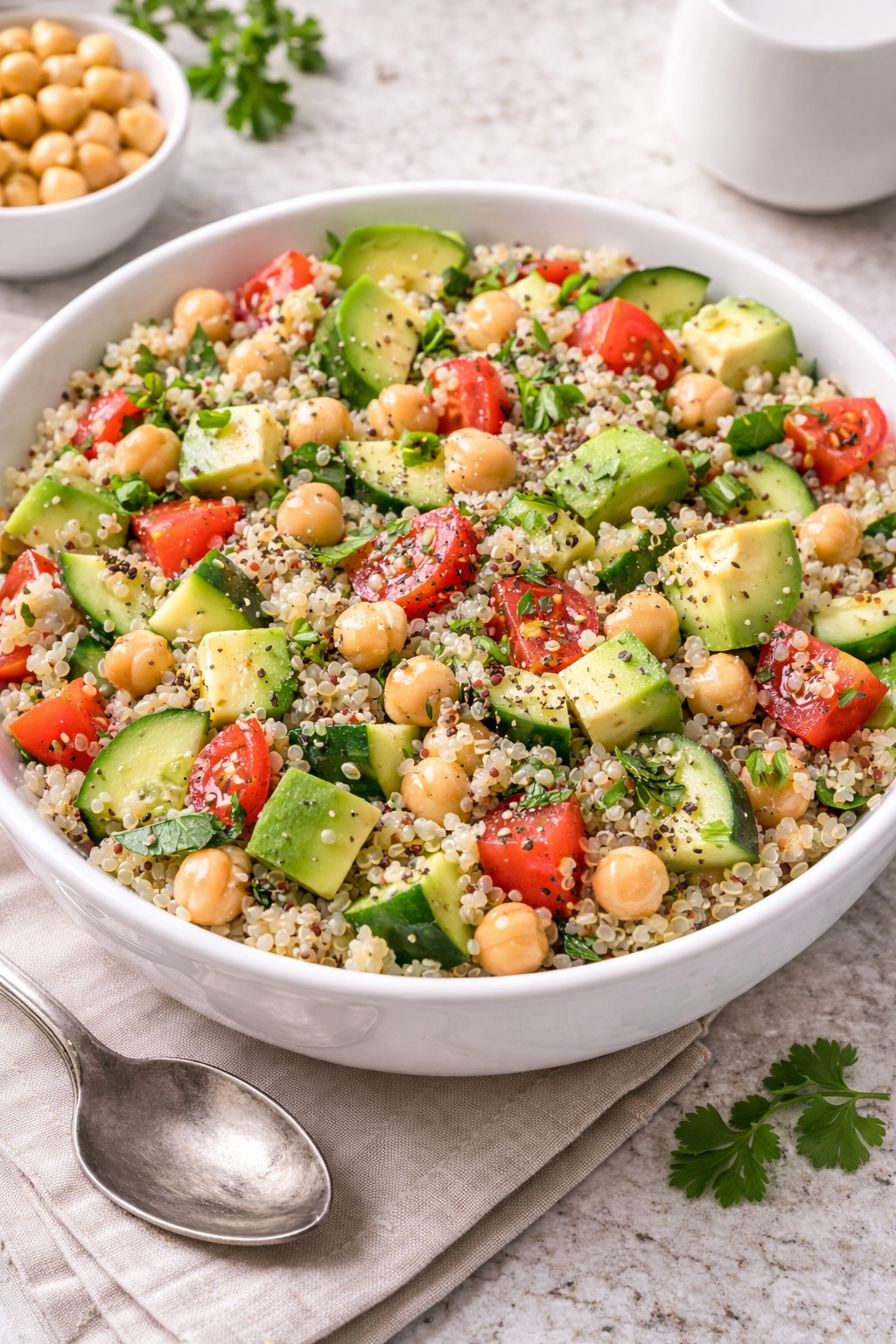 Vegan diet lunch quinoa salad with chickpeas, avocado, cucumber and tomatoes