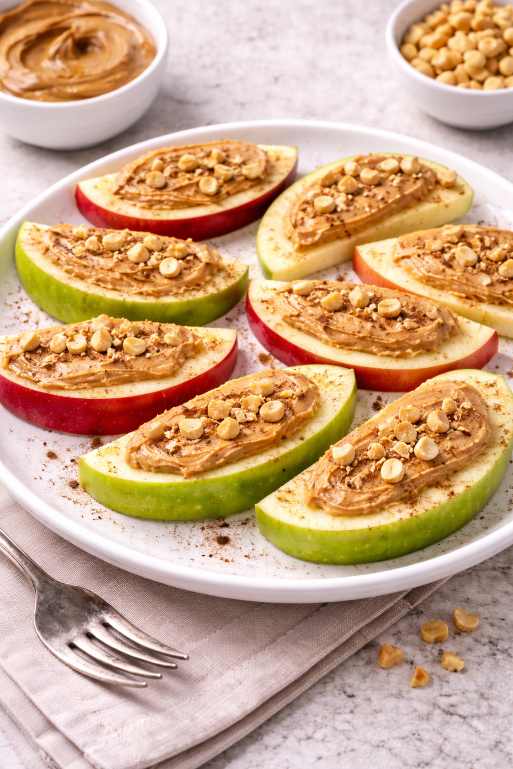 Vegan diet snack with apple slices served with peanut butter