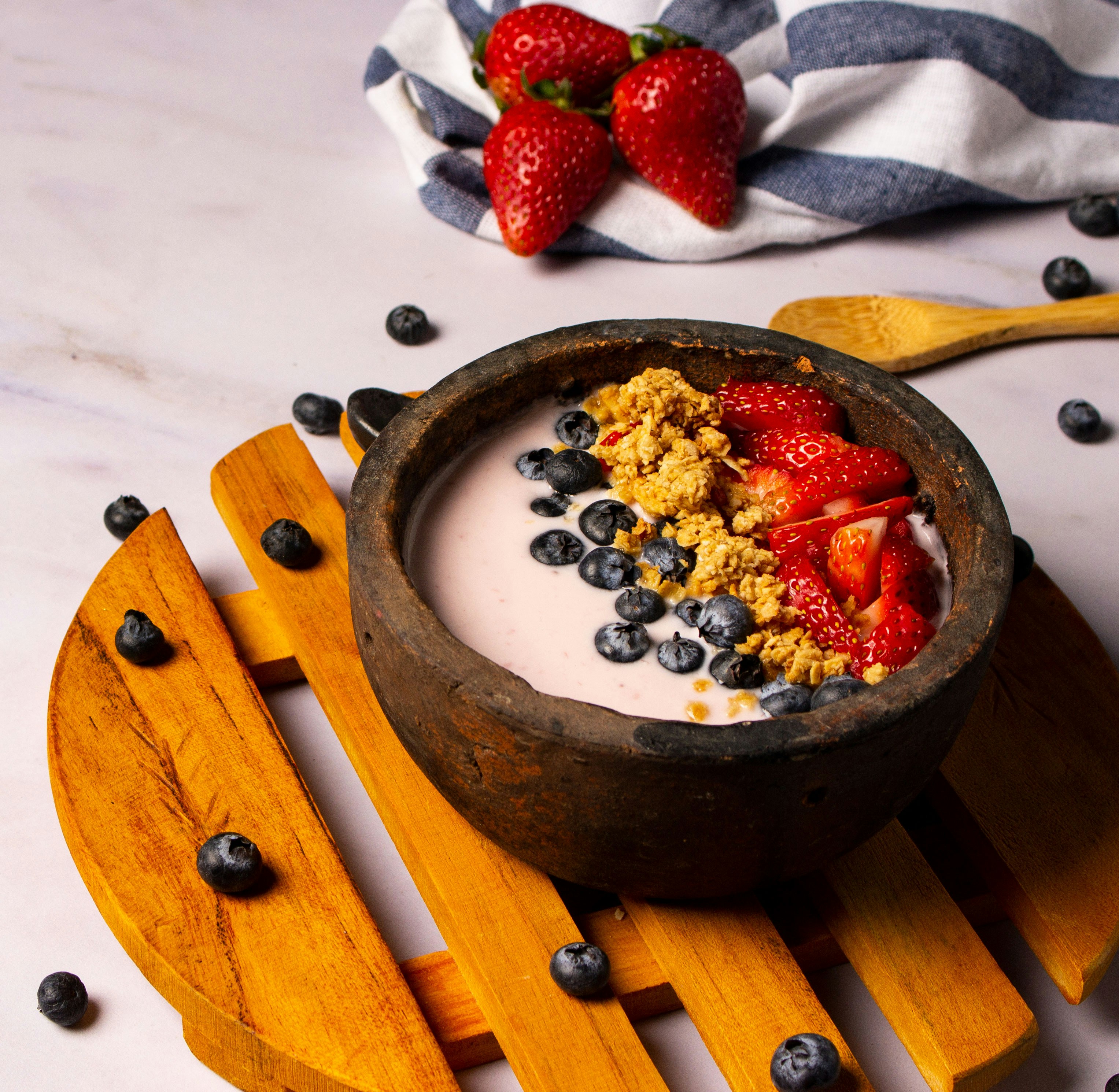 Vegetarian diet breakfast oatmeal with Greek yogurt, fresh berries and chia seeds