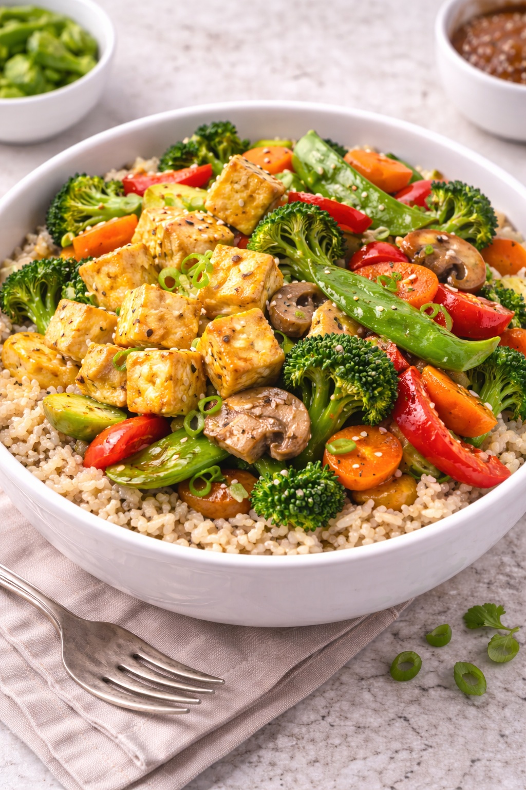 Vegetarian diet dinner vegetable stir fry with rice topped with eggs or tofu