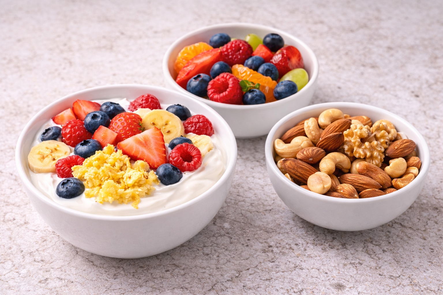 Vegetarian diet snack with Greek yogurt, fresh fruit and a small handful of nuts