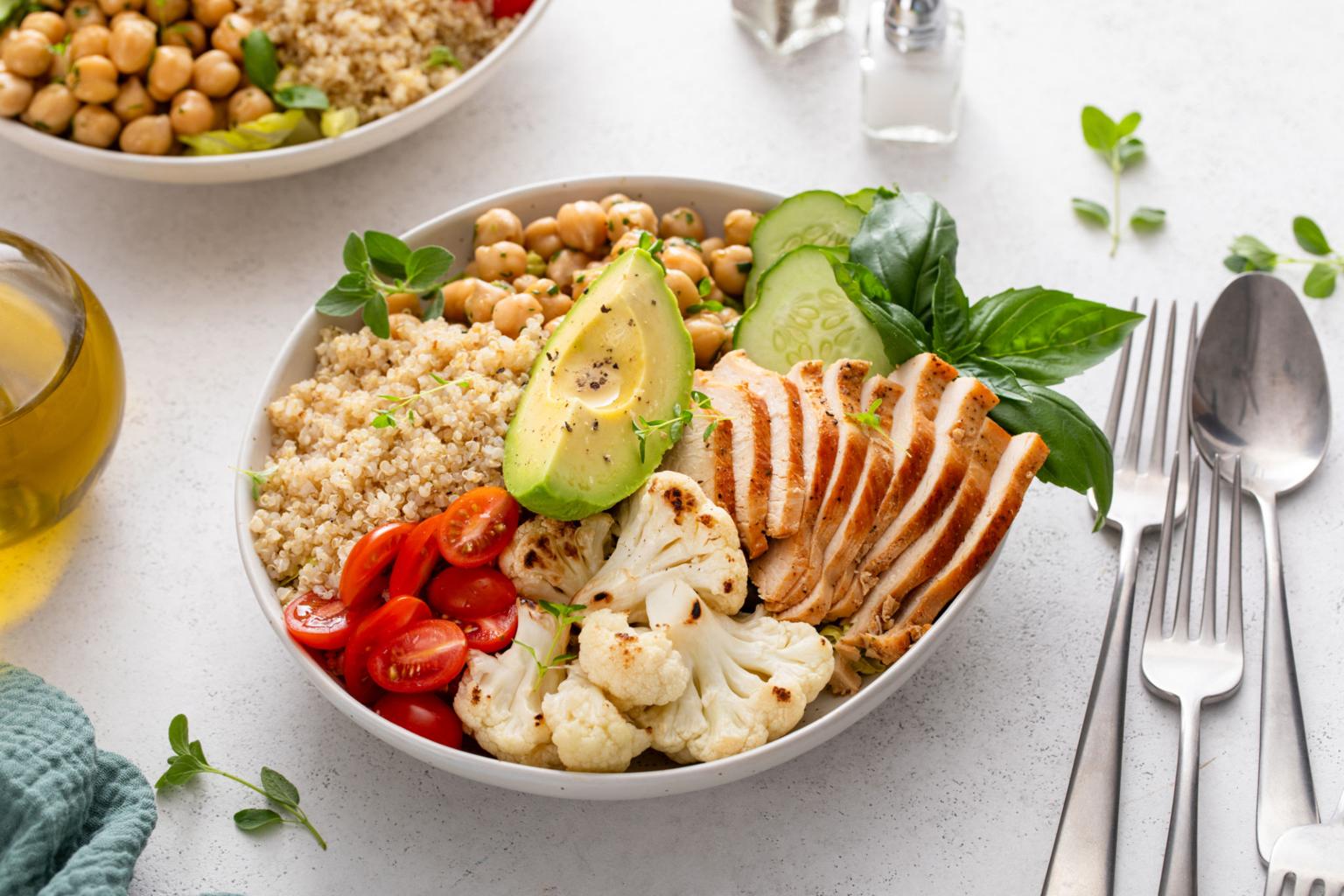 healthy high protein diet bowl with chicken quinoa avocado and vegetables