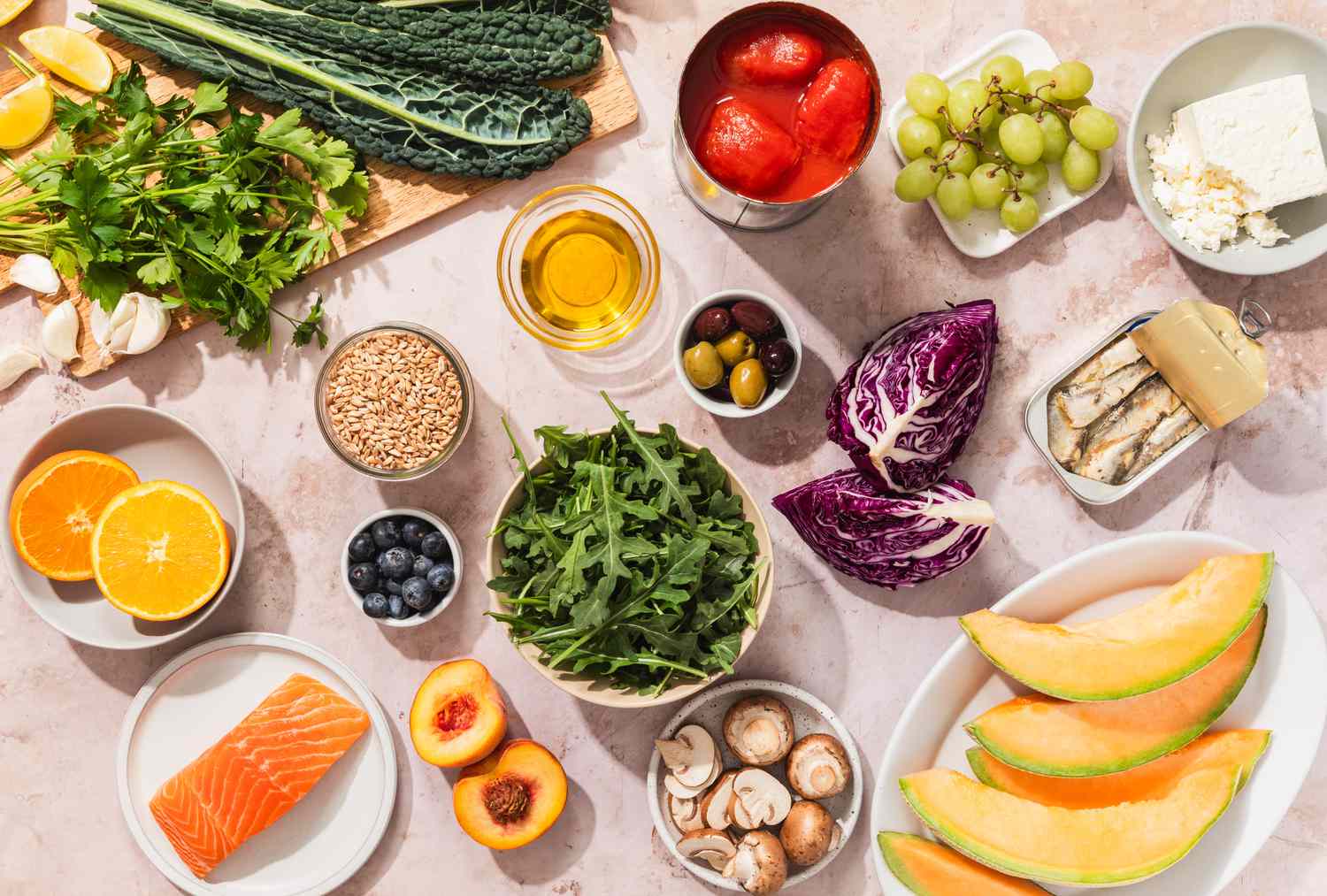 healthy high protein diet foods with salmon eggs nuts vegetables and olive oil