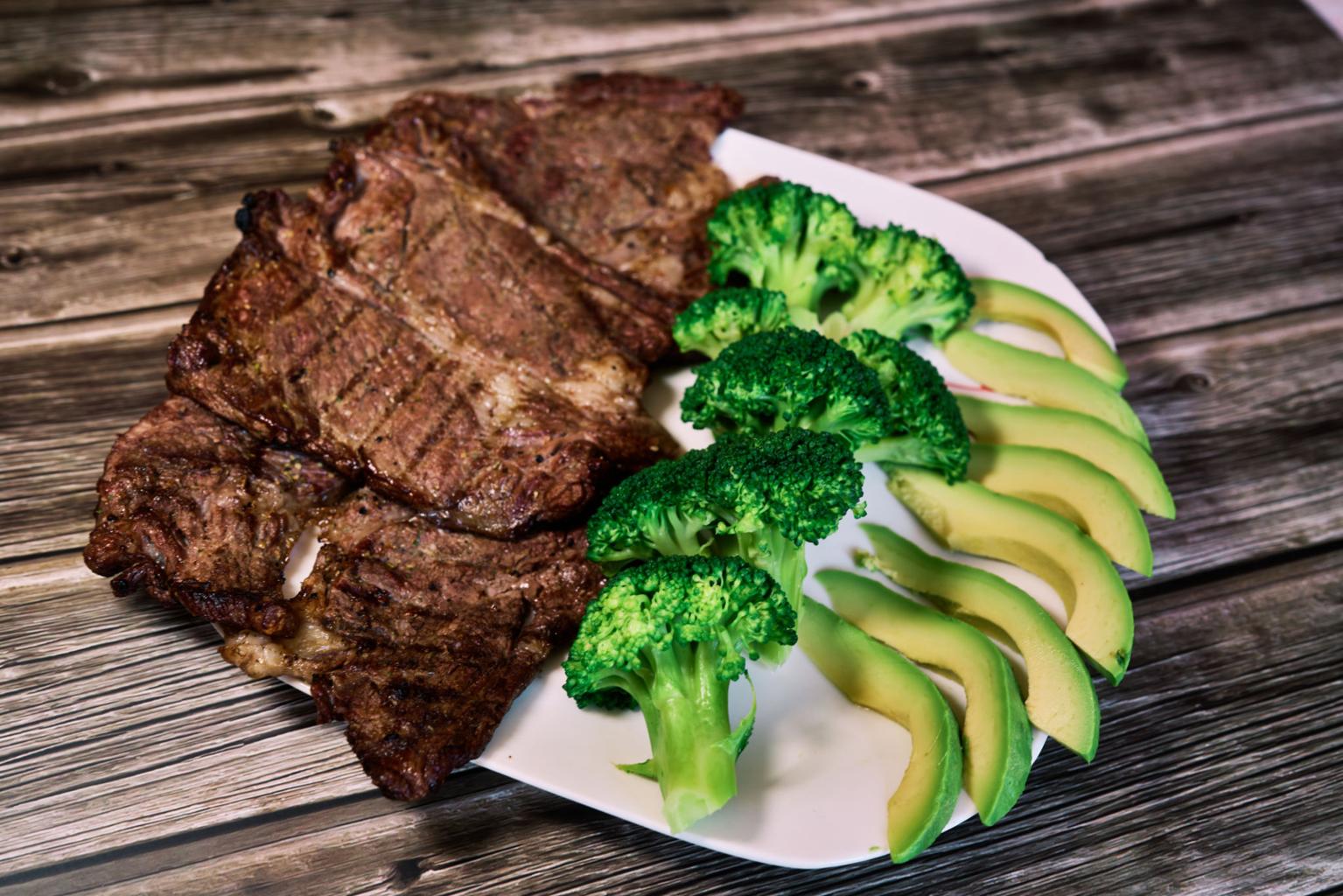 low carb atkins diet meal with grilled steak broccoli and avocado